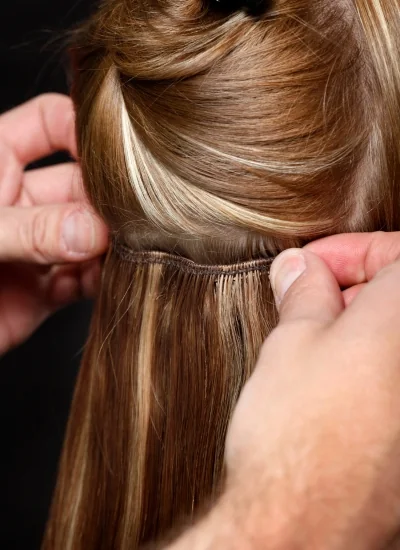 Hand applying hair extensions on blonde hair